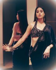Beautiful Janhvi Kapoor in a Midnight Blue Velvet Saree with a Halter Neck Blouse Pictures 05