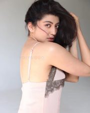 Beautiful Kannada Actress Pranitha Subhash in a Dusky Pink Beige Slip Dress with a Grey Floral Lace Trim Photos 03