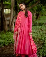 Beautiful Keerthy Suresh in a Pink Anarkali with Floral Dupatta Photos 01