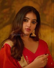 Beautiful Malayalam Actress Malavika Menon in a Red Golden Saree with Matching Blouse Pictures 01