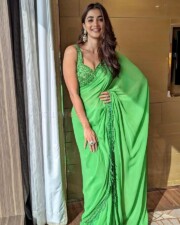 Beautiful Pooja Hegde in a Green Embroidered Saree with Sleeveless Blouse Photos 02