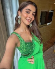Beautiful Pooja Hegde in a Green Embroidered Saree with Sleeveless Blouse Photos 04