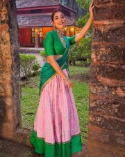 Beautiful Pooja Hegde in a Green and Pink Half Saree Pictures 01 Beautiful Pooja Hegde in a Green and Pink Half Saree Pictures 01