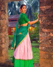 Beautiful Pooja Hegde in a Green and Pink Half Saree Pictures 02