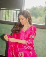 Beautiful Raashi Khanna in a Pink Silk Kamal aur Gulaab Kurta Set with Floral Motifs and Pita Embroidery Photoshoot Pictures 09