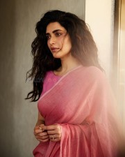 Beautiful TV Actress Karishma Tanna in a Pink Saree with Sleeveless Blouse Pictures 03