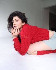 Bold Kannada Actress Pranitha Subhash in a Red Cable Knit Sweater with a Light Grey Knit Shorts and Knee High Red Socks Pictures 03