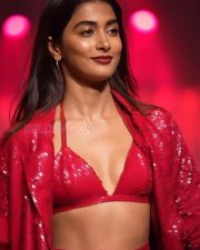 Bold Pooja Hegde in a Red Sequinned Bralette with an Oversized Blazer and Shimmery Pant at Mahindra Tech Fashion Tour Pictures 01