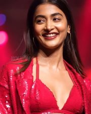 Bold Pooja Hegde in a Red Sequinned Bralette with an Oversized Blazer and Shimmery Pant at Mahindra Tech Fashion Tour Pictures 03