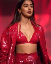 Bold Pooja Hegde in a Red Sequinned Bralette with an Oversized Blazer and Shimmery Pant at Mahindra Tech Fashion Tour Pictures 04