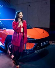 Bold Pooja Hegde in a Red Sequinned Bralette with an Oversized Blazer and Shimmery Pant at Mahindra Tech Fashion Tour Pictures 05