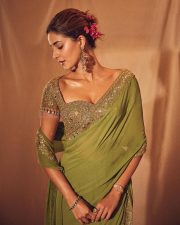 Bollywood Fashionista Ananya Panday in a Green Embroidered Saree with Matching Blouse Pictures 01