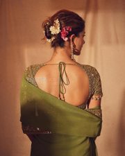 Bollywood Fashionista Ananya Panday in a Green Embroidered Saree with Matching Blouse Pictures 03
