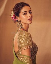 Bollywood Fashionista Ananya Panday in a Green Embroidered Saree with Matching Blouse Pictures 04
