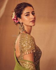 Bollywood Fashionista Ananya Panday in a Green Embroidered Saree with Matching Blouse Pictures 04