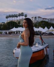 Bollywood actress Jacqueline Fernandez in a Pastel Blue Halter Neck Sequined Bodycon Dress at Cannes 2025 Photos 05