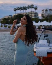 Bollywood actress Jacqueline Fernandez in a Pastel Blue Halter Neck Sequined Bodycon Dress at Cannes 2025 Photos 07