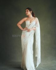 Breathtaking Actress Raashi Khanna in a White Embroidered Strapless Corset Saree Photos 02