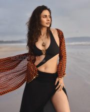 Breathtaking Actress Rakul Preet Singh in a Black Bikini Top Orange Print Kimono Photos 03
