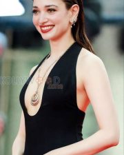 Breathtaking Actress Tamannaah Bhatia in a Black Deep V Neck Halter Gown Photos 06