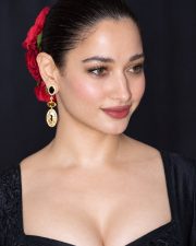 Breathtaking Tamannaah Bhatia Cleavage in a Black Embroidered Sweetheart Dress Photos 07