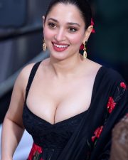 Breathtaking Tamannaah Bhatia Cleavage in a Black Embroidered Sweetheart Dress Photos 08