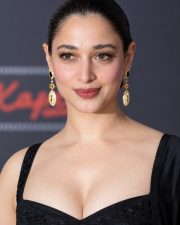 Breathtaking Tamannaah Bhatia Cleavage in a Black Embroidered Sweetheart Dress Photos 09