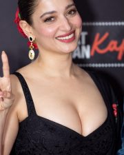 Breathtaking Tamannaah Bhatia Cleavage in a Black Embroidered Sweetheart Dress Photos 10