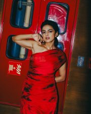 Bro Code Actress Shraddha Srinath in an One Shoulder Red and Black Draped Midi Dress Pictures 01