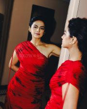Bro Code Actress Shraddha Srinath in an One Shoulder Red and Black Draped Midi Dress Pictures 02