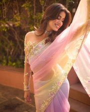 Captivating Janhvi Kapoor in a Dreamy Pink Cassata Colored Saree with a Sheer Long Sleeved Blouse Pictures 05