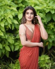 Captivating Nidhhi Agerwal Cleavage in a Rust Red Sequinned Saree Photos 01