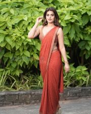 Captivating Nidhhi Agerwal Cleavage in a Rust Red Sequinned Saree Photos 03