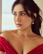 Captivating Raashi Khanna in a Red Off The Shoulder Ruched Midi Dress Photos 03