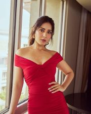 Captivating Raashi Khanna in a Red Off The Shoulder Ruched Midi Dress Photos 05 Captivating Raashi Khanna in a Red Off The Shoulder Ruched Midi Dress Photos 05