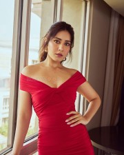 Captivating Raashi Khanna in a Red Off The Shoulder Ruched Midi Dress Photos 05