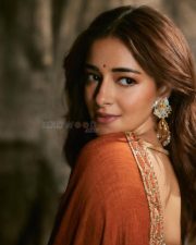 Chand Mera Dil Actress Ananya Panday in a Rust Colored Foil Printed Saree with a Golden Gota Bralette Sleeveless Blouse Photos 01