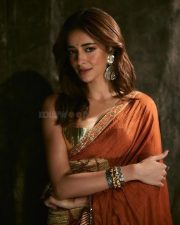 Chand Mera Dil Actress Ananya Panday in a Rust Colored Foil Printed Saree with a Golden Gota Bralette Sleeveless Blouse Photos 04