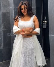 Charming Actress Malavika Sharma in a White Pearl Embellished Crop Blouse with White Saree Photos 07
