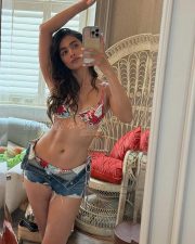Charming Actress Pooja Hegde in a Colorful Printed Bikini Top Photos 02