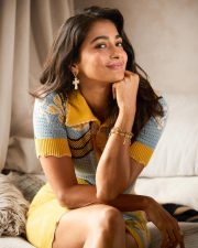 Charming Actress Pooja Hegde in a Yellow Blue Crochet Mini Dress Photos 01