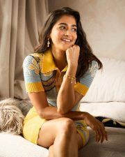 Charming Actress Pooja Hegde in a Yellow Blue Crochet Mini Dress Photos 03
