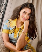 Charming Actress Pooja Hegde in a Yellow Blue Crochet Mini Dress Photos 04