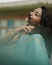 Charming Aishwarya Lekshmi in a Turquoise Traditional Silk Saree Pictures 01