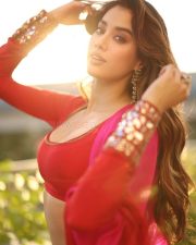 Charming Janhvi Kapoor in a Vintage Red Saree with a Long Sleeve Blouse Photos 01