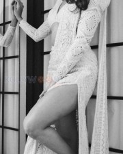 Charming Pooja Hegde in a White Thigh Slit Saree Monochrome Pictures03
