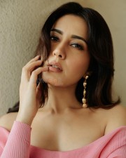 Charming Raashi Khanna in a Pink Knitted Off Shoulder Sweatshirt with a White Formal Pants Photos 04