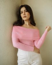 Charming Raashi Khanna in a Pink Knitted Off Shoulder Sweatshirt with a White Formal Pants Photos 07