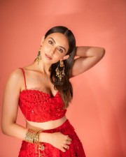 Charming Rakul Preet Singh in a Red Floral Dress with Gold Accessories Photos 03