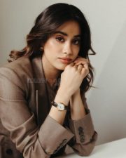 Chic Actress Janhvi Kapoor in a Taupe Twisted Drape Blazer Suit Photos 01